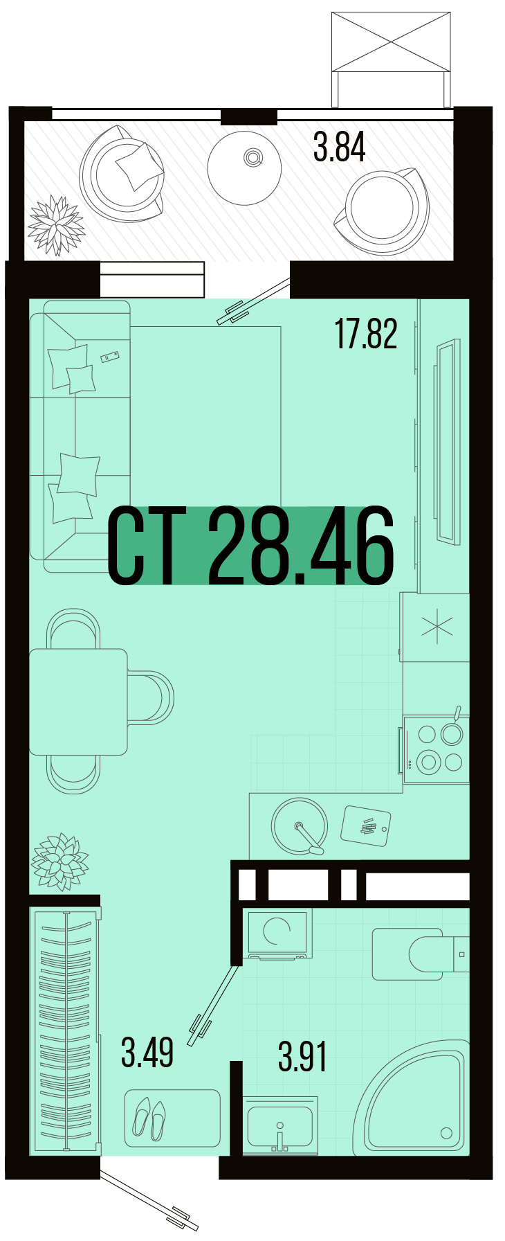 Планировка: Студия 26,9 м²
