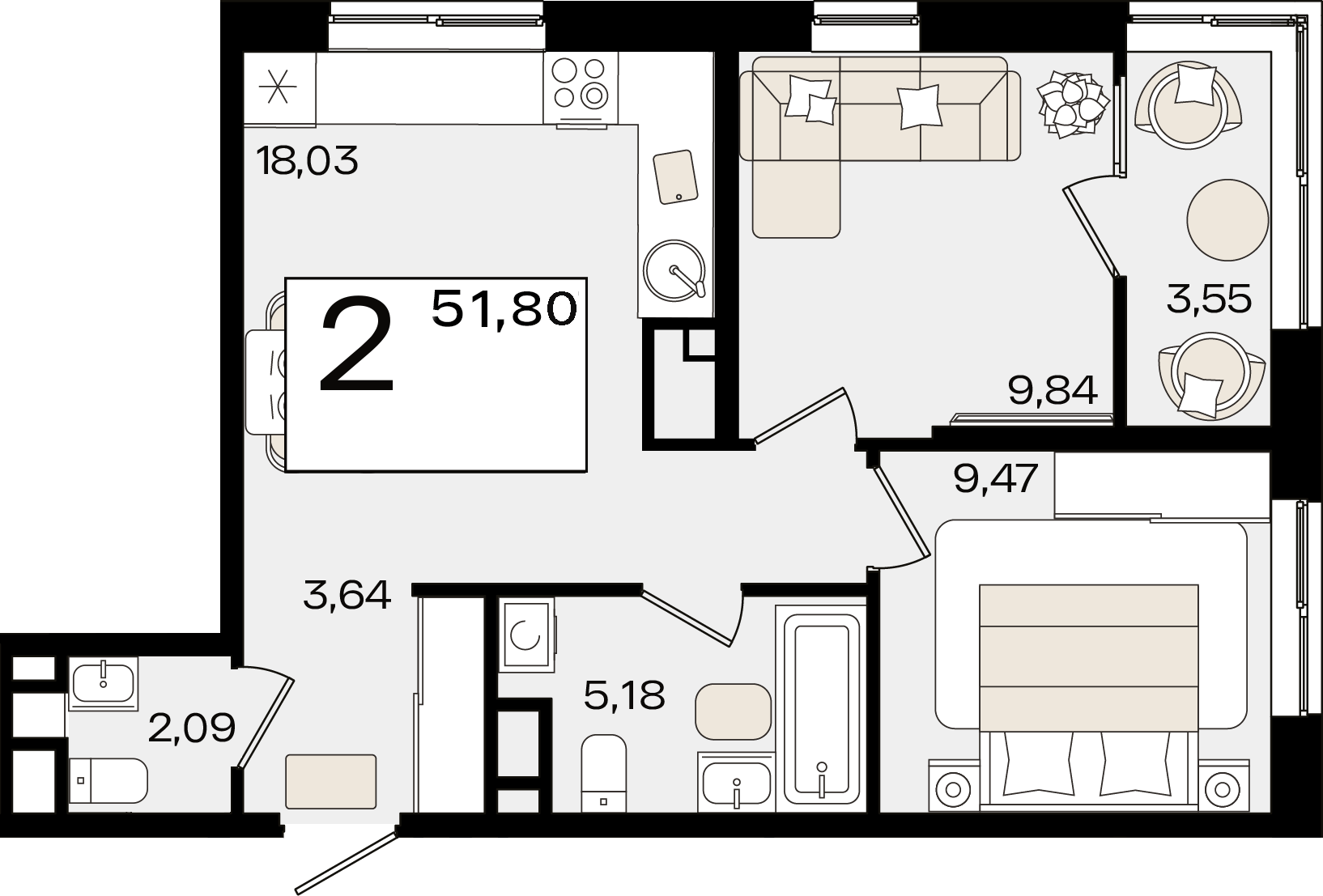 Планировка: 2-комн. квартира 50 м²