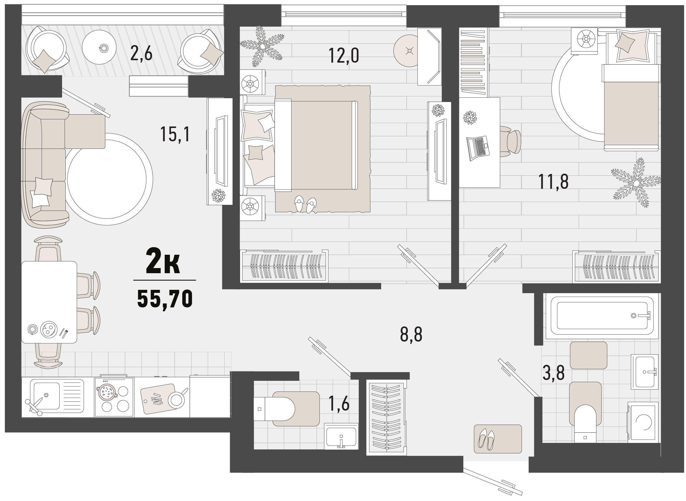 Планировка: 2-комн. квартира 54,4 м²