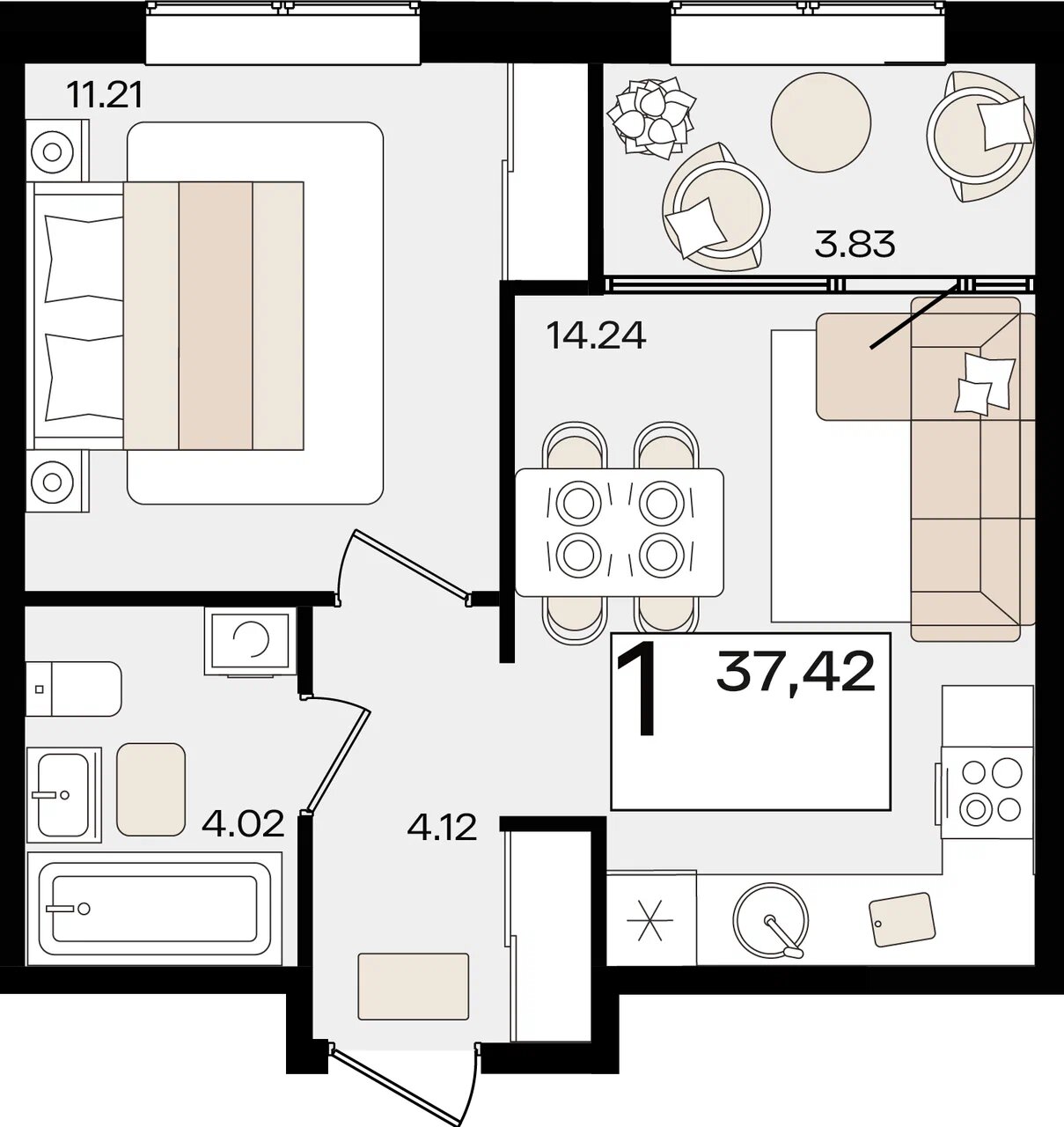 Планировка 1-комнатная 35,51 м²