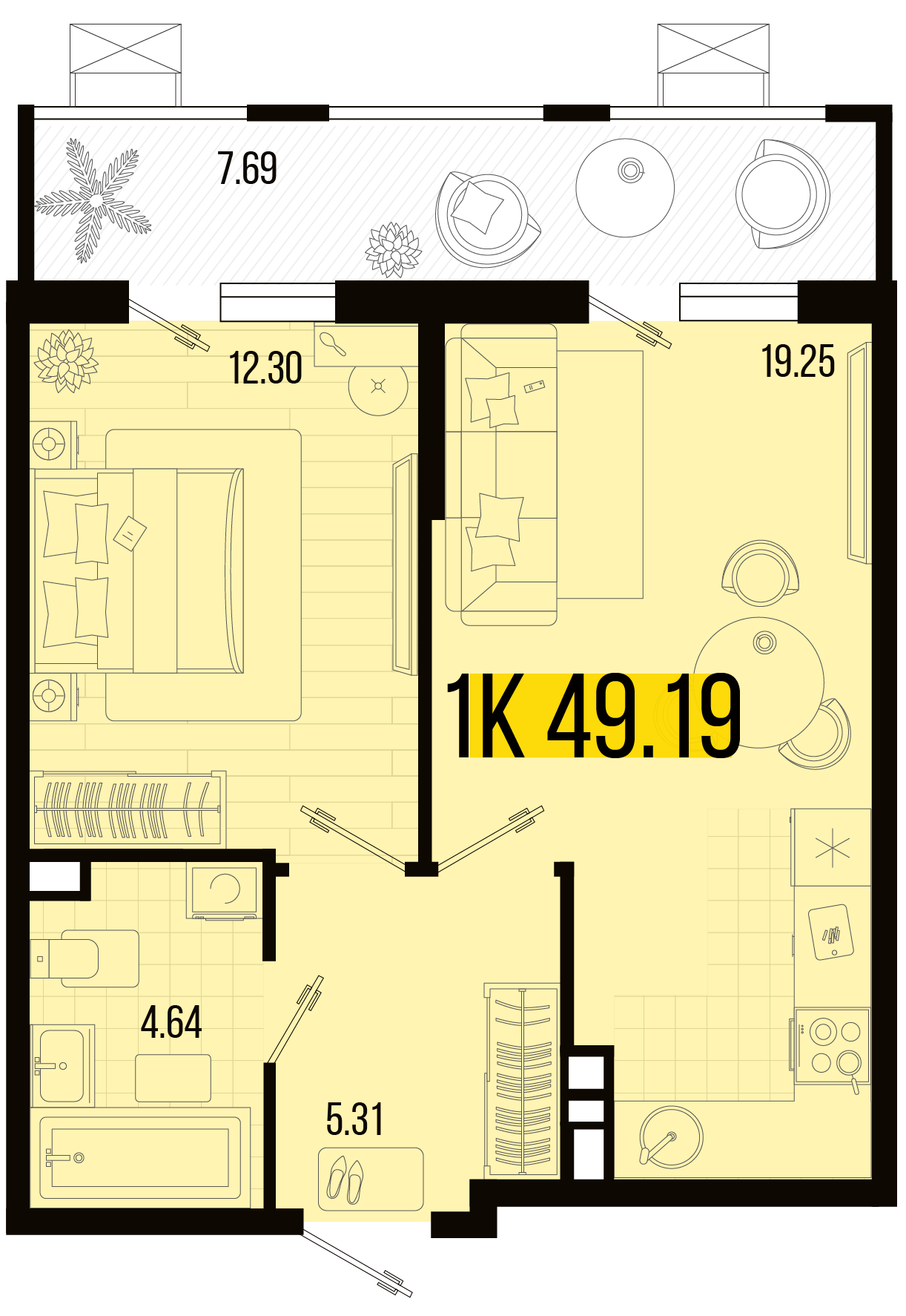 Планировка: 1-комн. квартира 45,4 м²
