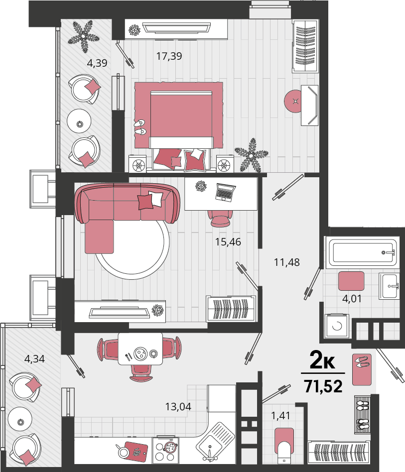 Планировка: 2-комн. квартира 67,2 м²
