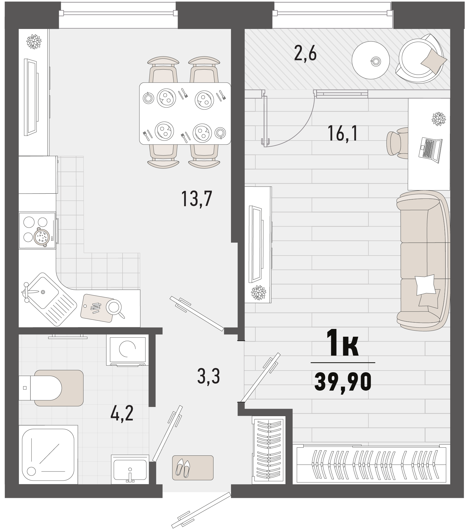 Планировка: 1-комн. квартира 38,6 м²