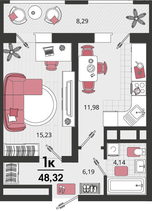 Планировка: 1-комн. квартира 40 м²