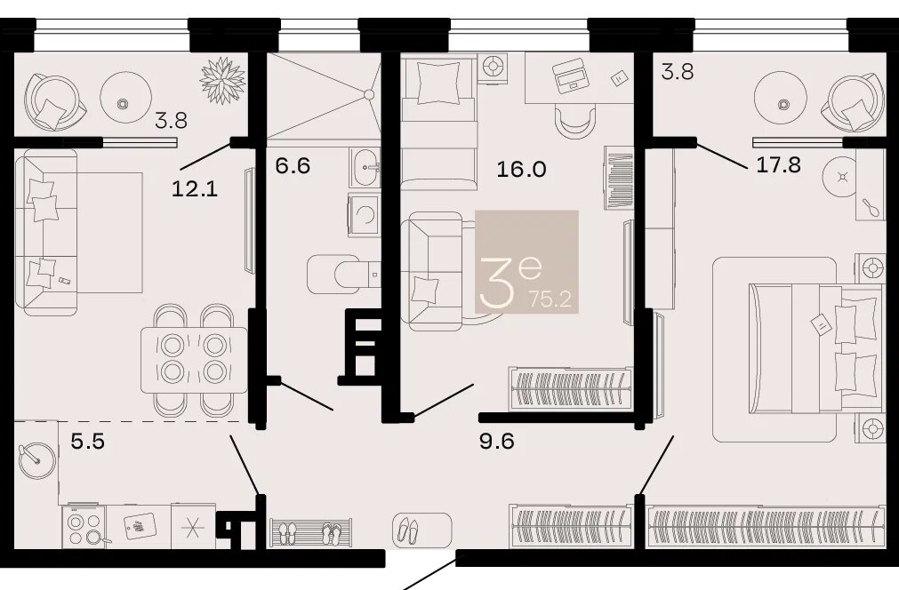 Планировка 3-комнатная 71,4 м²
