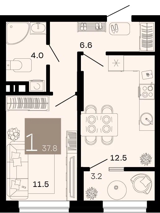 Планировка: 1-комн. квартира 36,2 м²