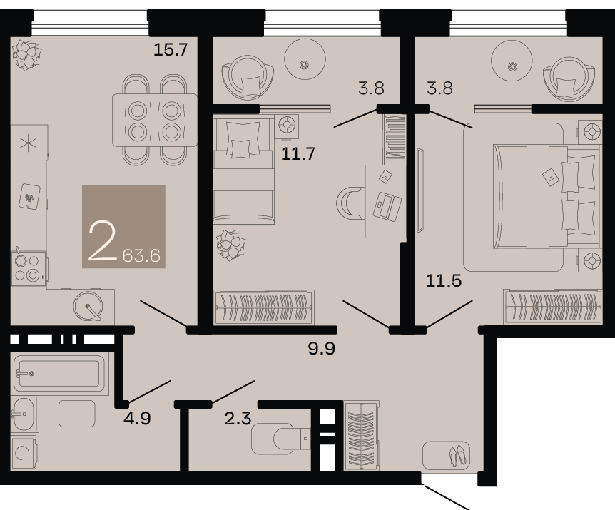 Планировка: 2-комн. квартира 59,8 м²