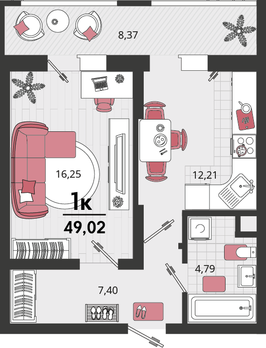 Планировка: 1-комн. квартира 43,2 м²