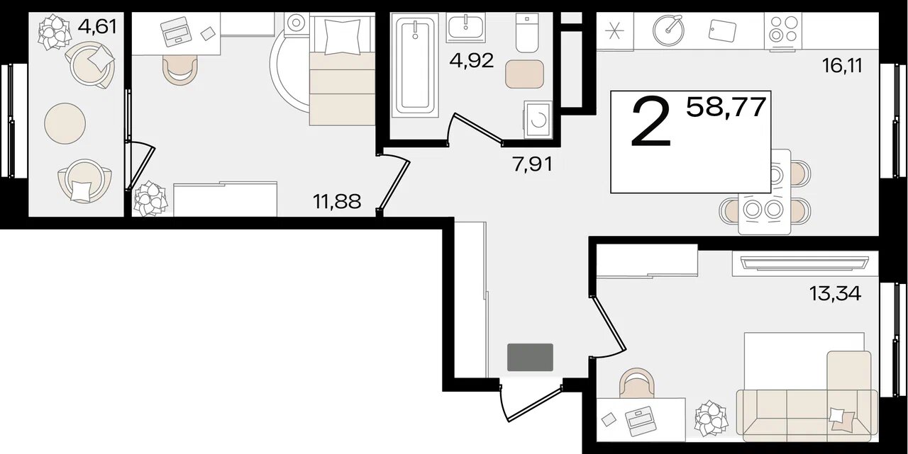 Планировка: 2-комн. квартира 56,5 м²