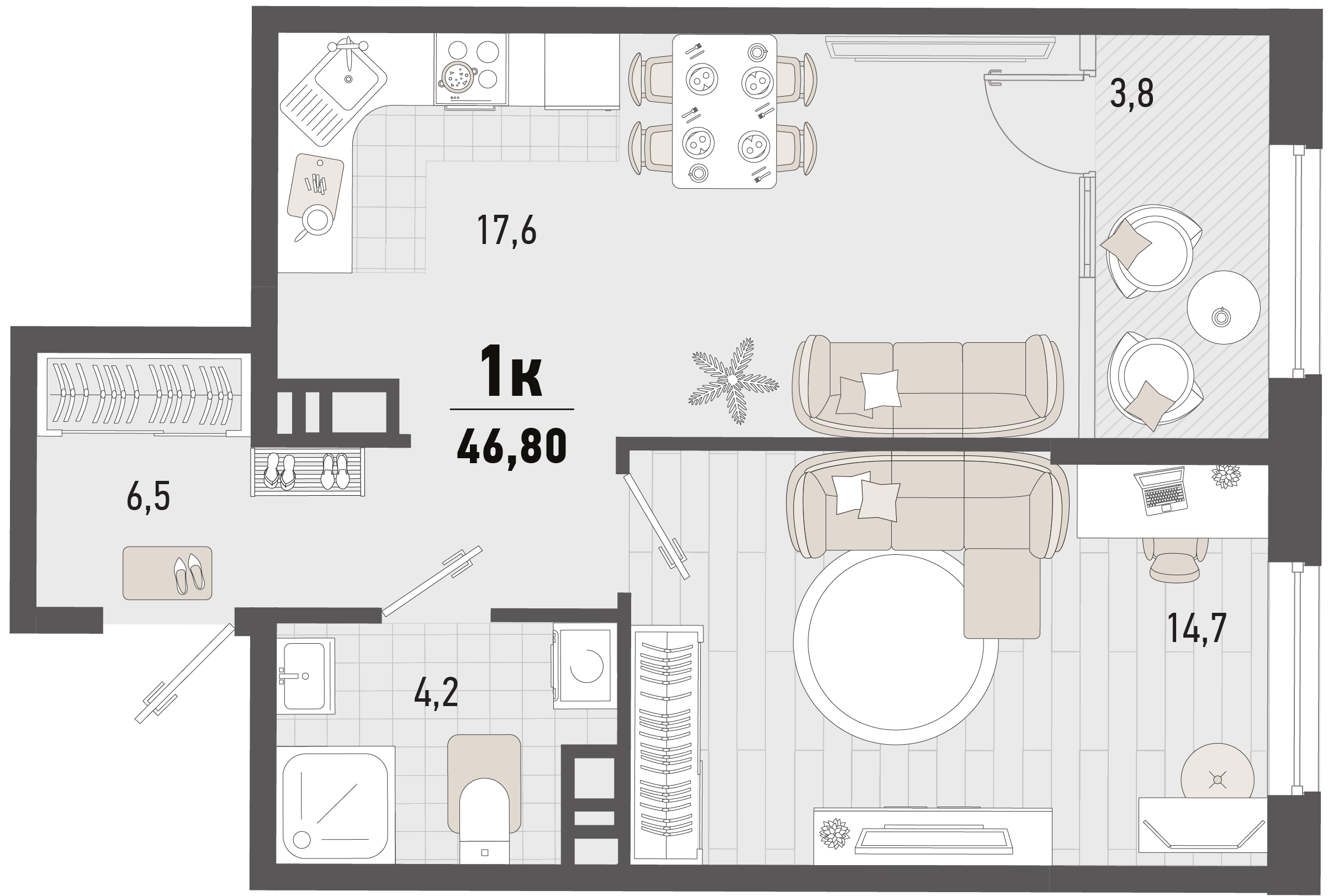 Планировка: 1-комн. квартира 44,9 м²