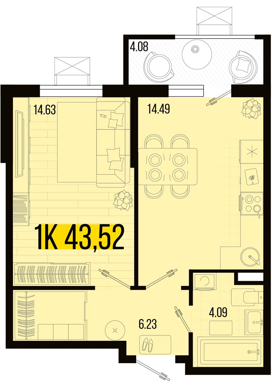 Планировка: 1-комн. квартира 41,5 м²
