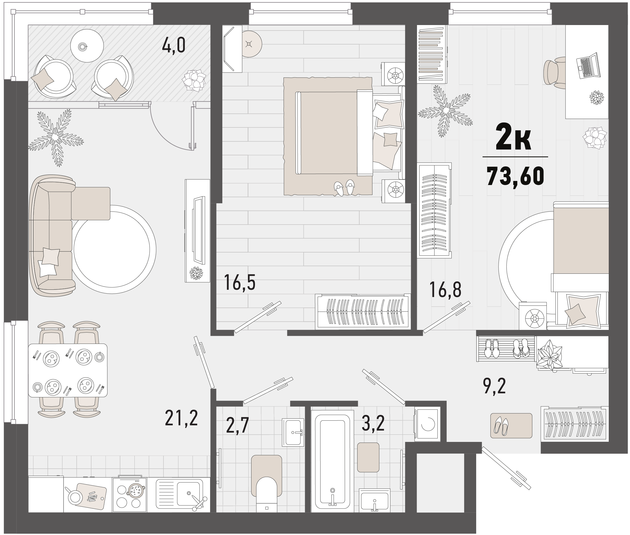 Планировка: 2-комн. квартира 71,6 м²