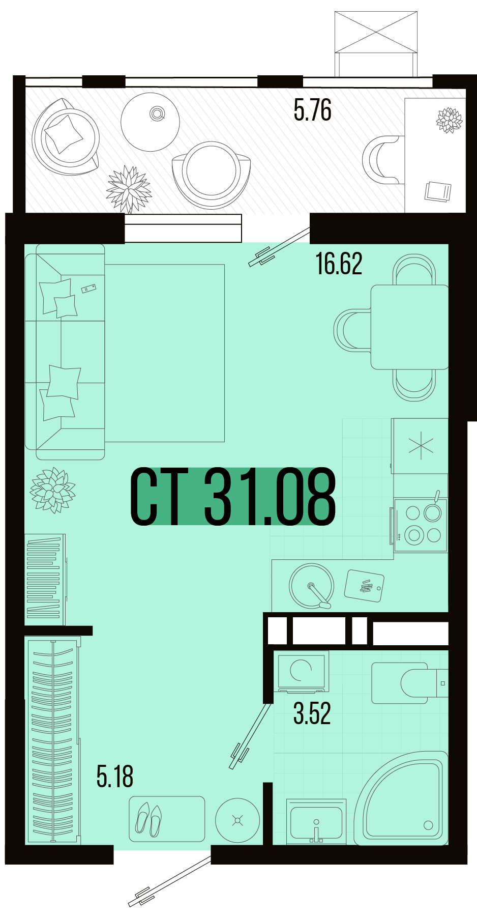 Планировка: Студия 28,9 м²