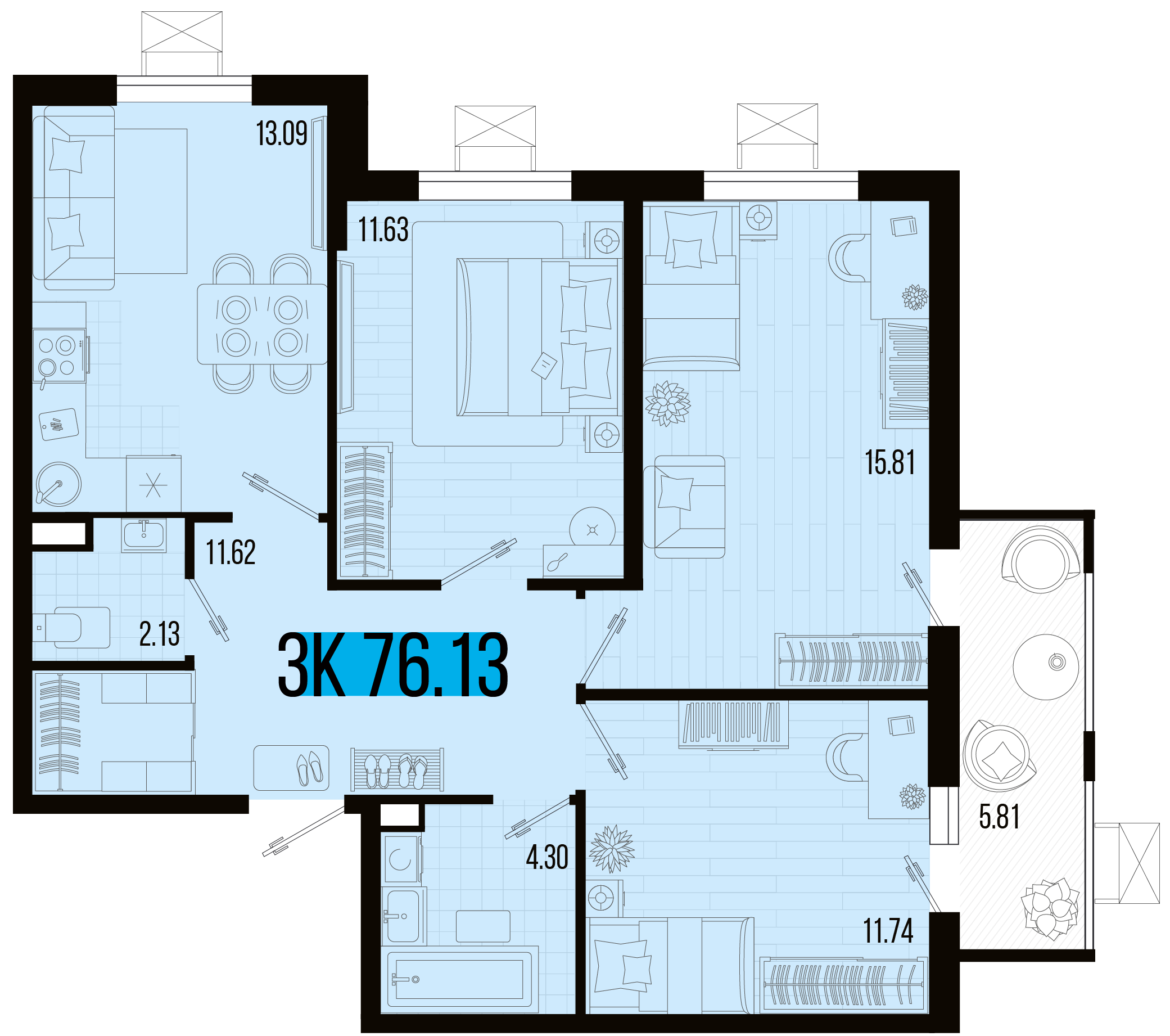 Планировка 3-комнатная 74,1 м²