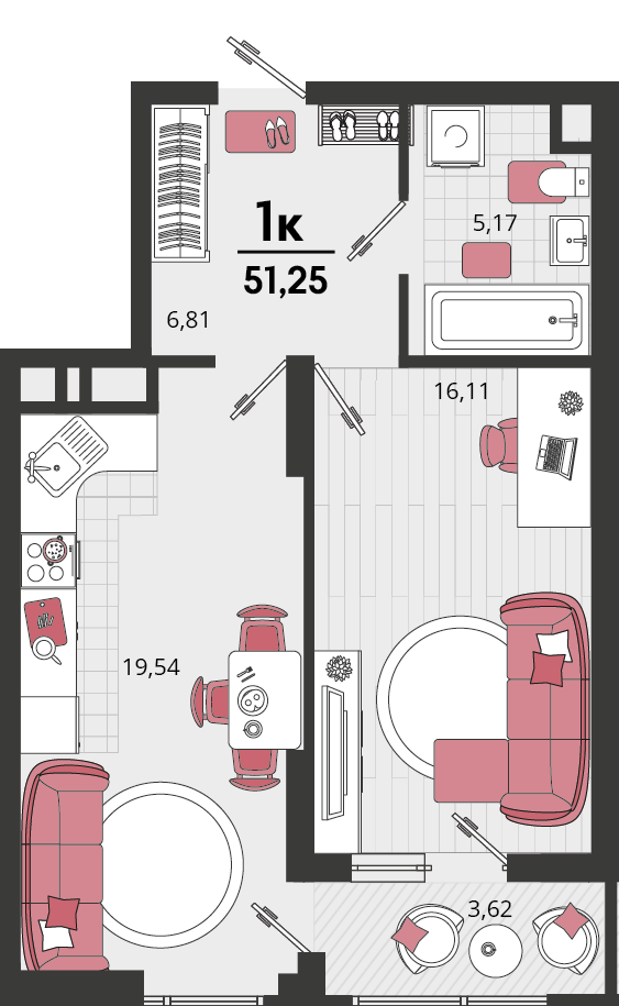 Планировка: 1-комн. квартира 49,4 м²