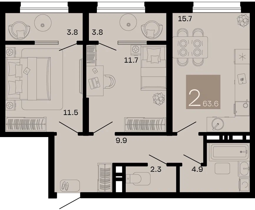 Планировка: 2-комн. квартира 59,8 м²