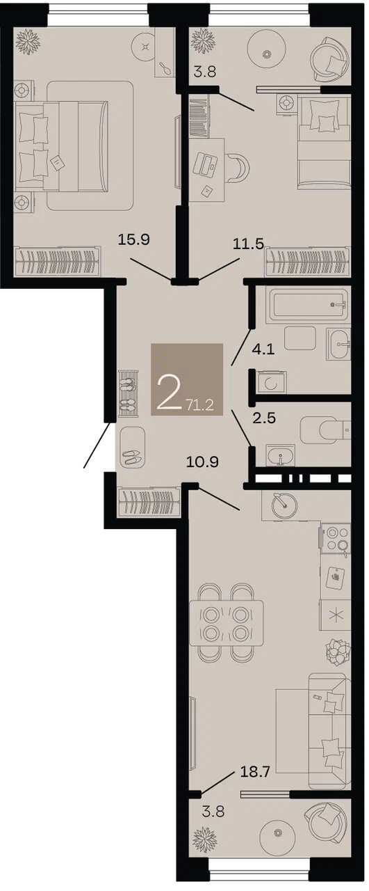 Планировка: 2-комн. квартира 71,3 м²