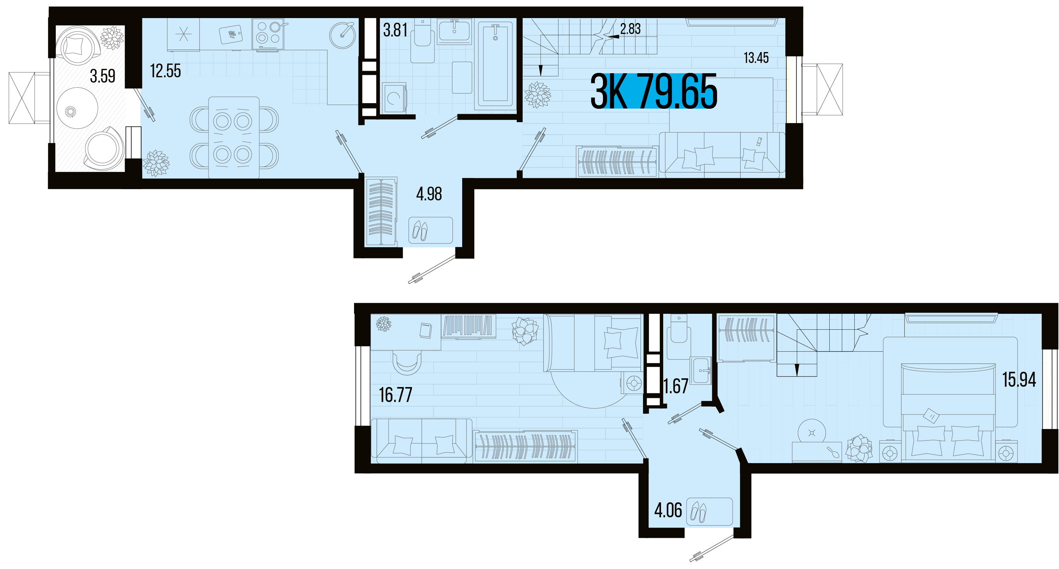 Планировка 3-комнатная 77,85 м²