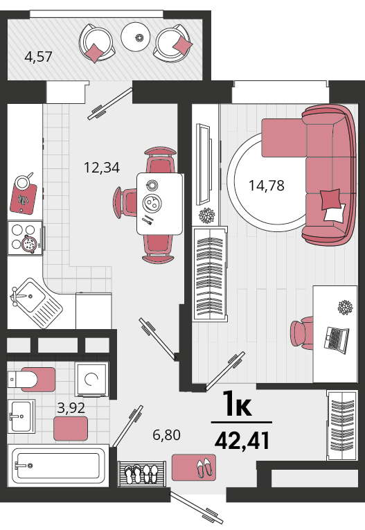 Планировка: 1-комн. квартира 40,8 м²