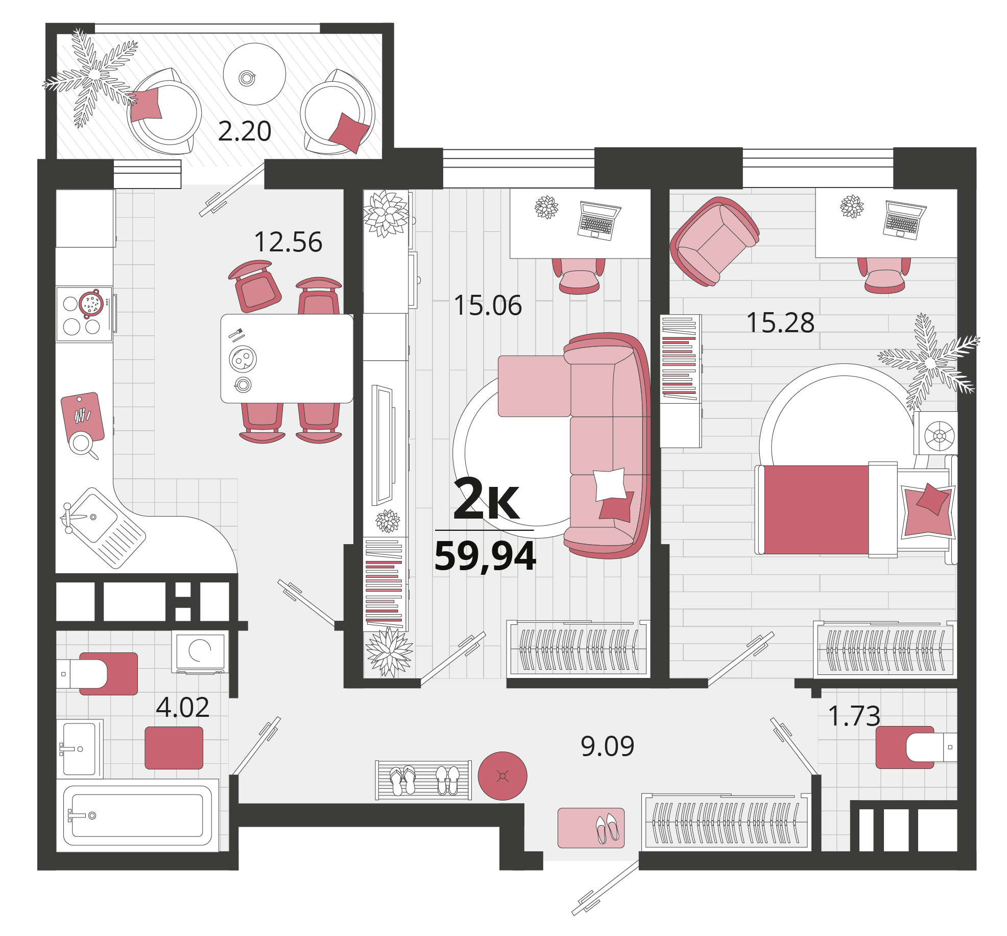 Планировка: 2-комн. квартира 60,7 м²