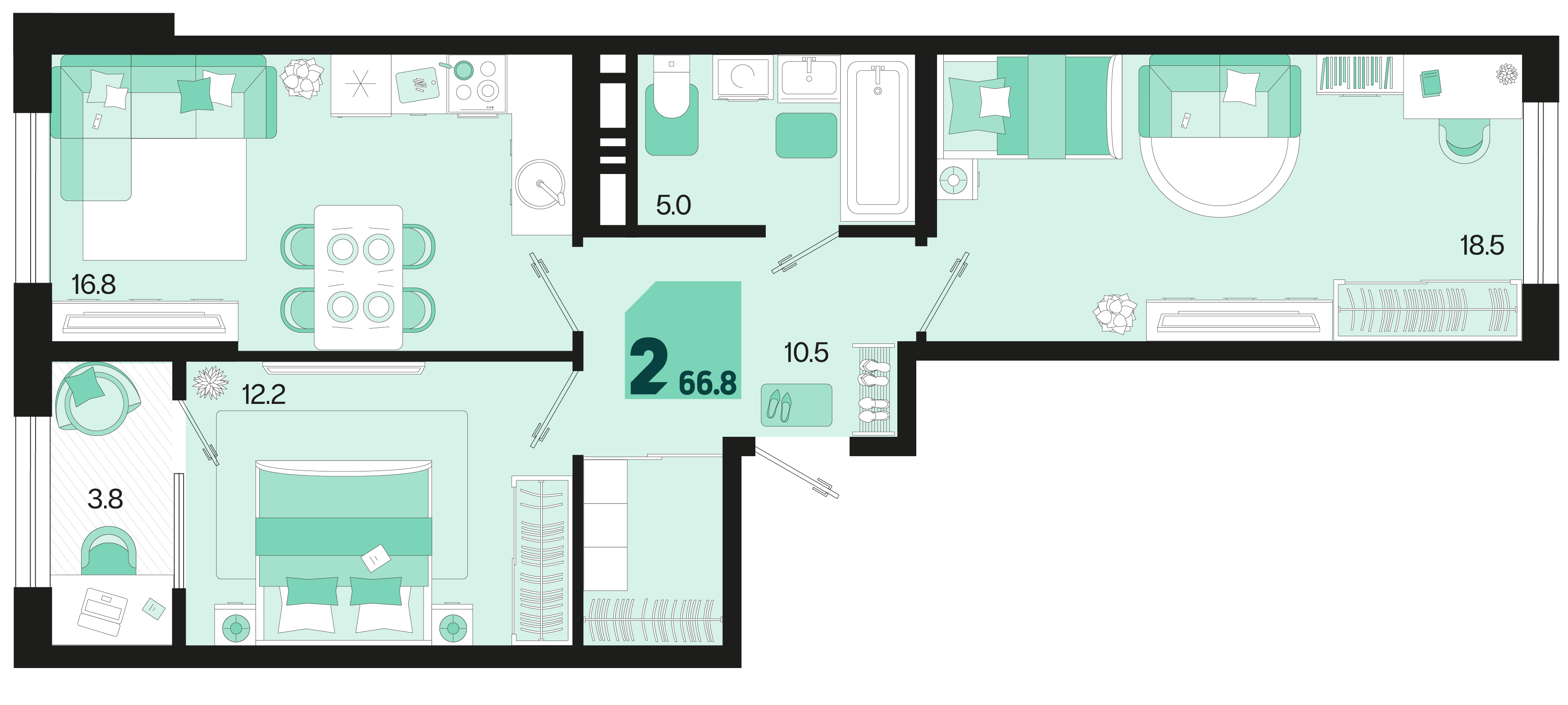 Планировка: 2-комн. квартира 64,9 м²