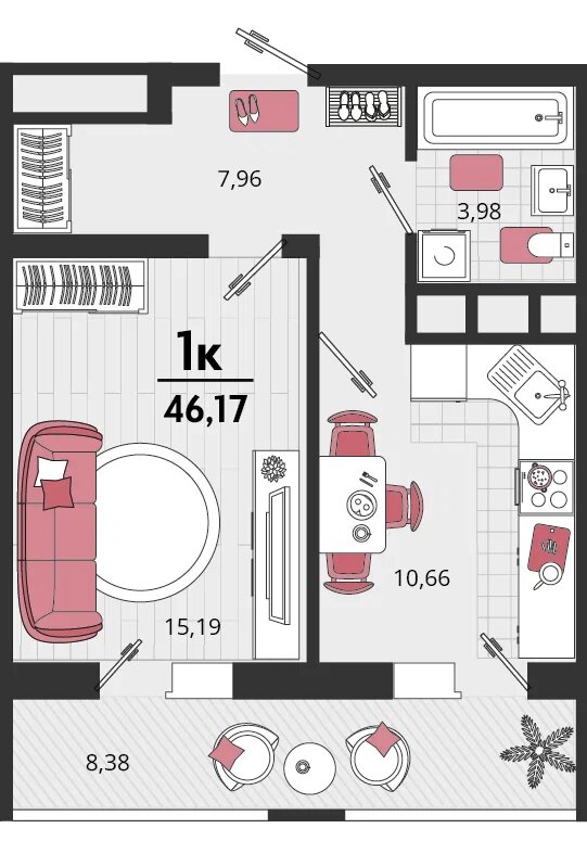 Планировка: 1-комн. квартира 41,8 м²