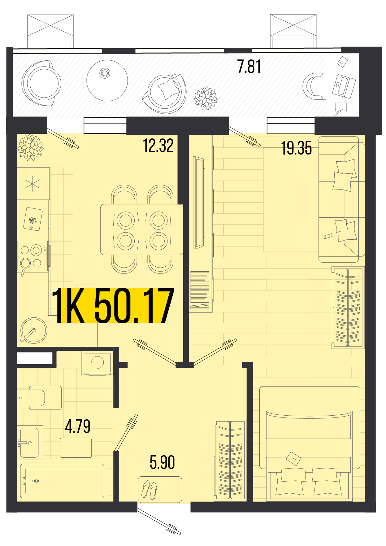 Планировка: 1-комн. квартира 46,8 м²