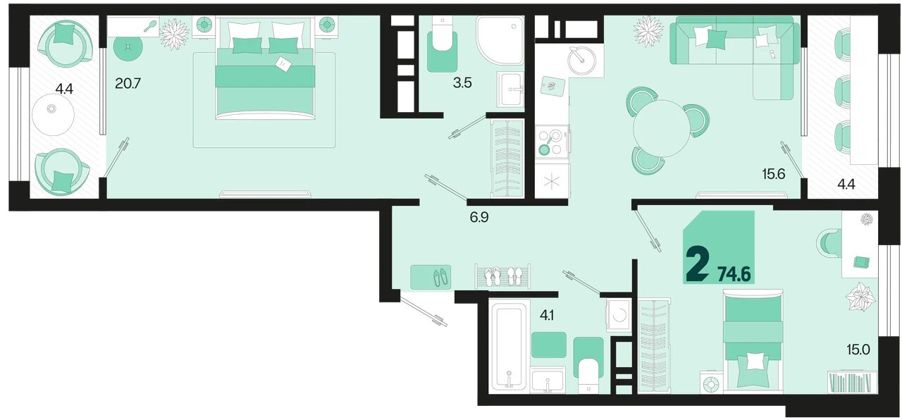 Планировка: 2-комн. квартира 70,2 м²