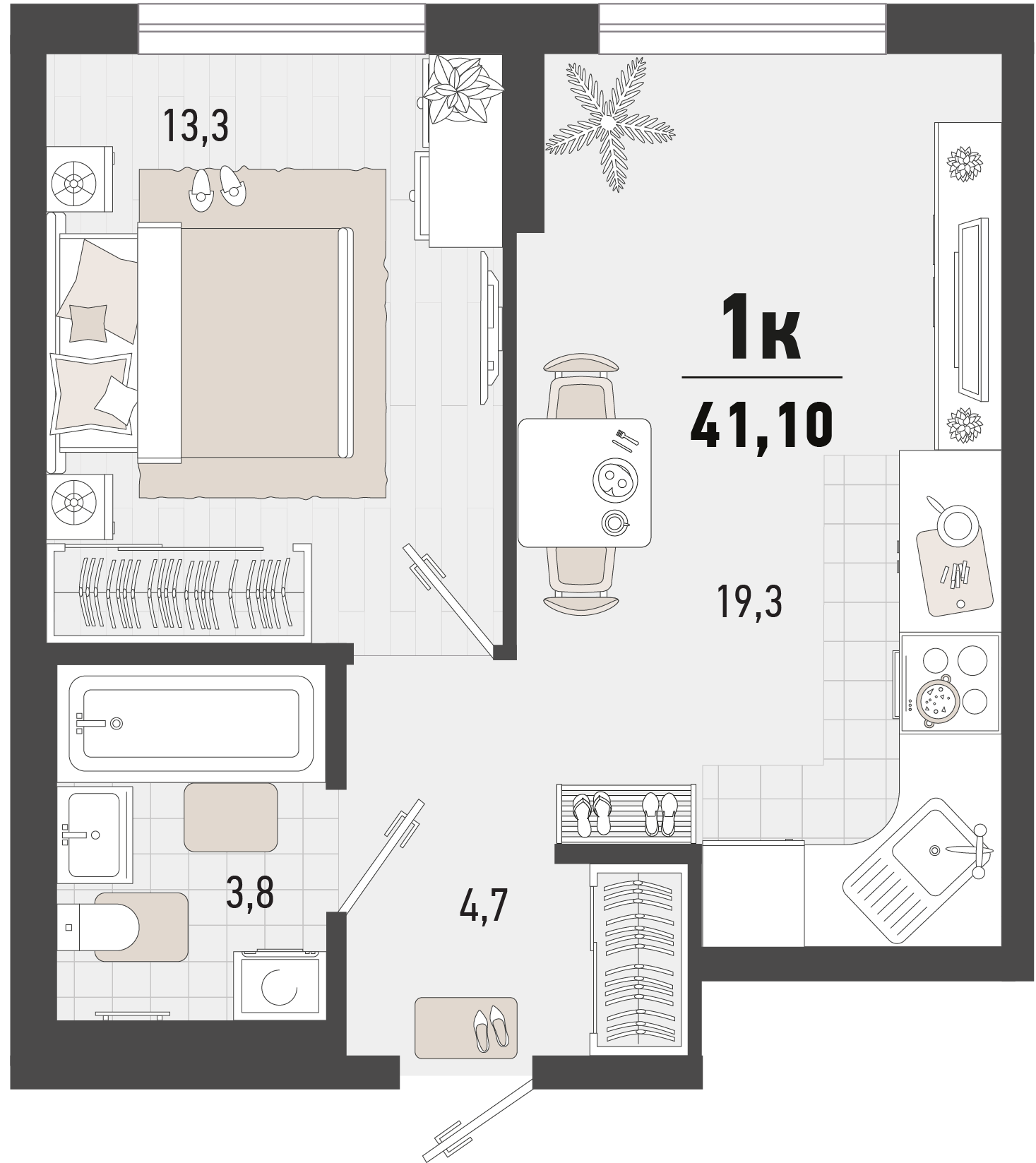 Планировка: 1-комн. квартира 41,1 м²