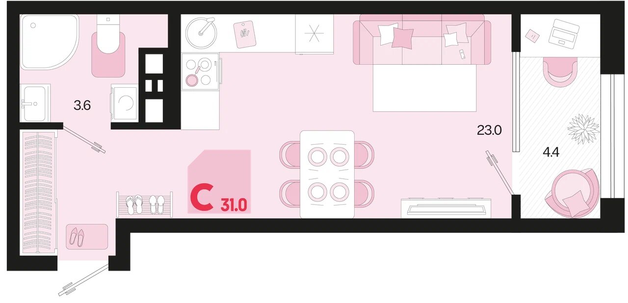 Планировка: Студия 28,8 м²