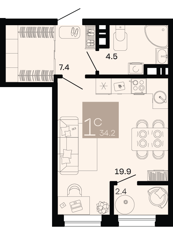 Планировка: Студия 33 м²