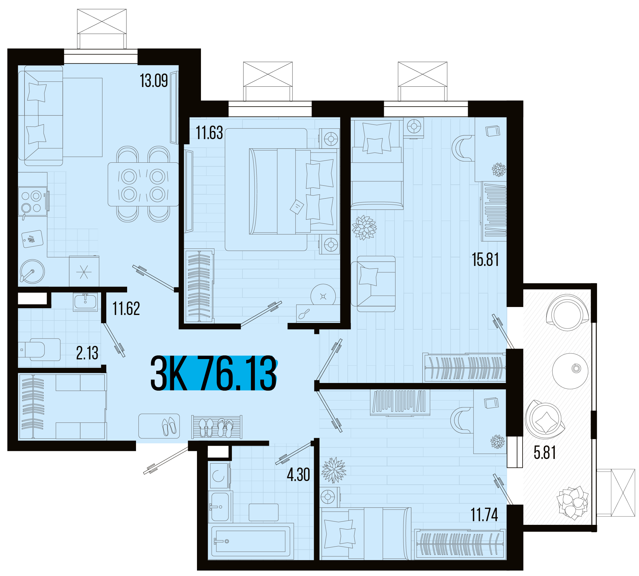 Планировка: 3-комн. квартира 74,3 м²