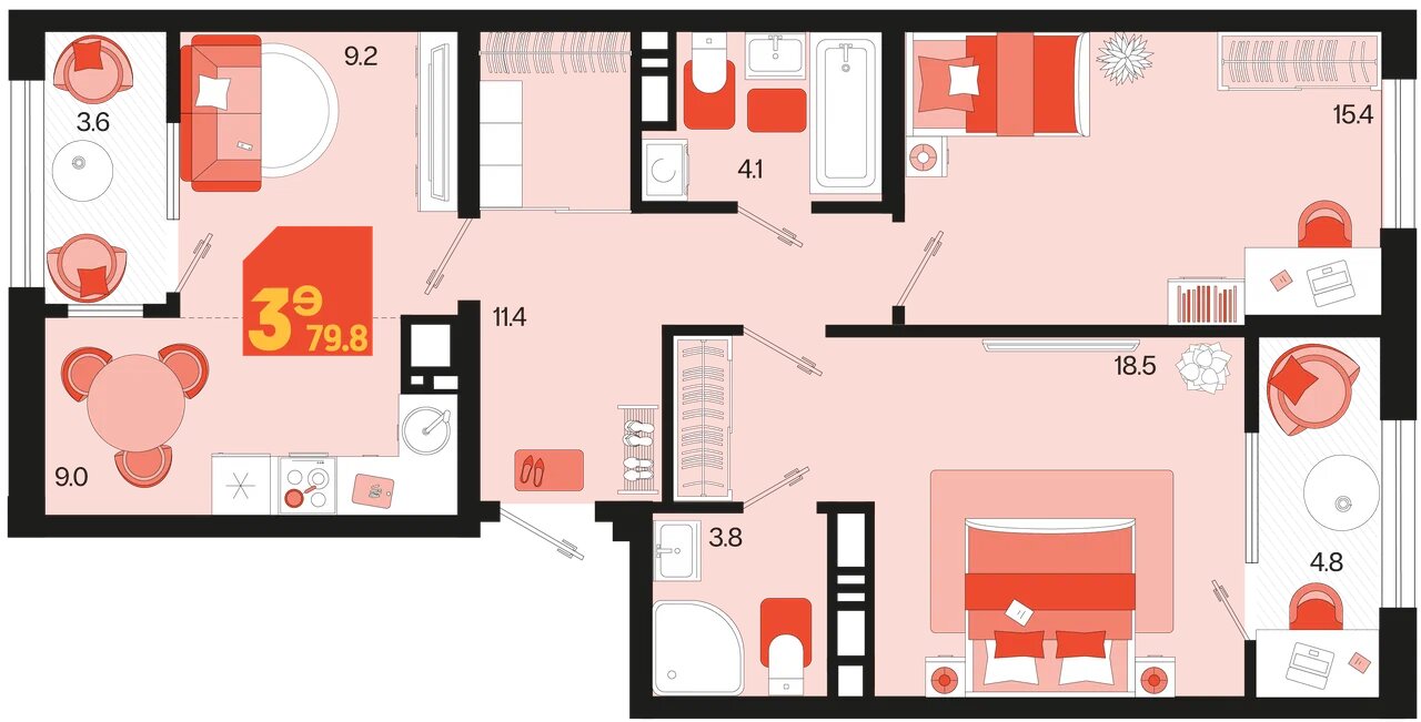 Планировка 3-комнатная 75,6 м²