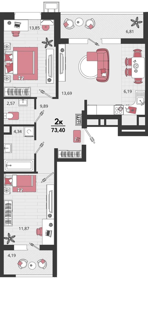 Планировка: 3-комн. квартира 67,9 м²