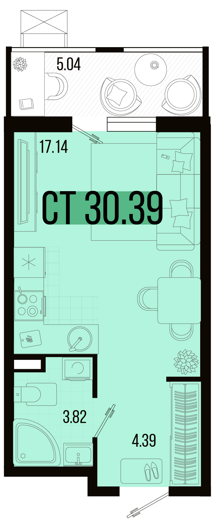 Планировка: Студия 27,9 м²
