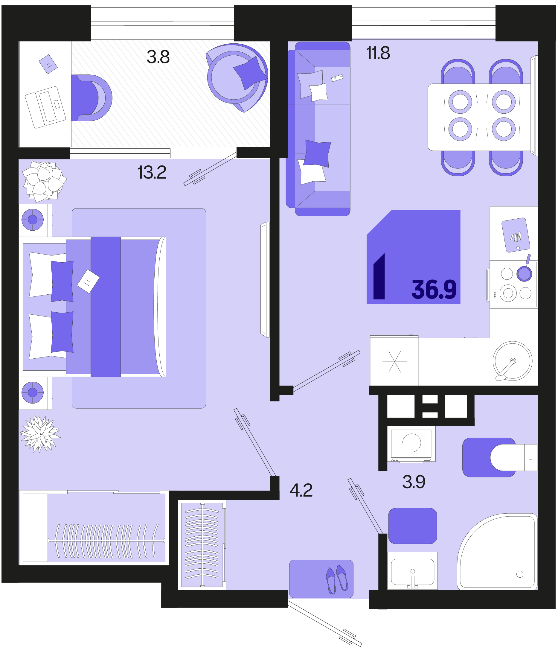 Планировка 1-комнатная 35 м²