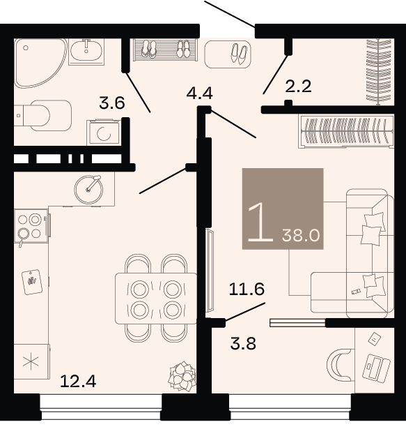 Планировка: 1-комн. квартира 36,1 м²