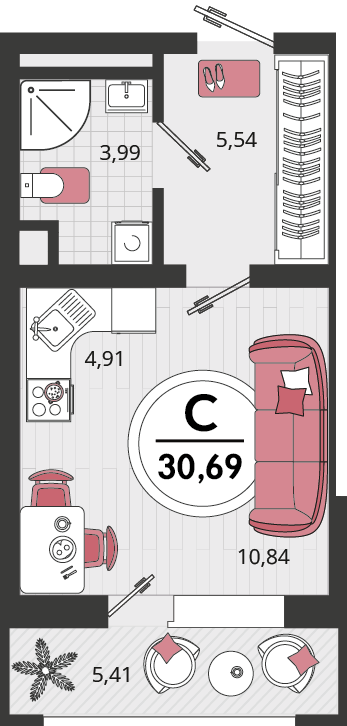 Планировка: Студия 26,9 м²