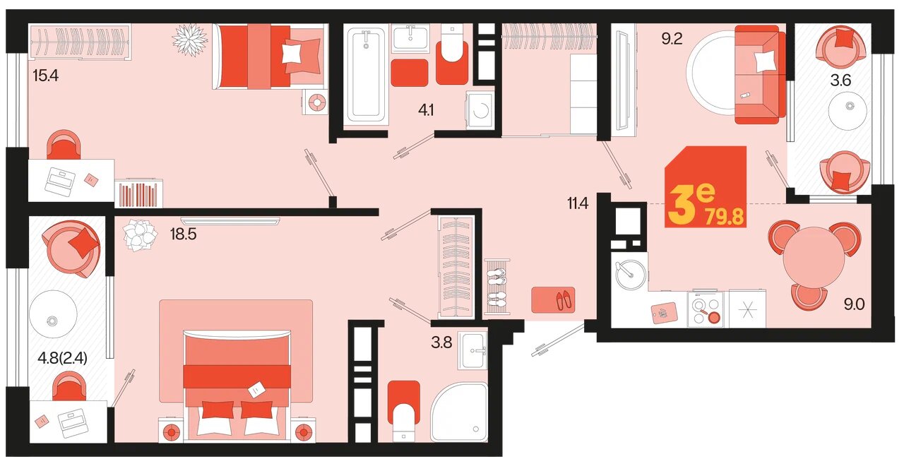 Планировка: 3-комн. квартира 75,6 м²