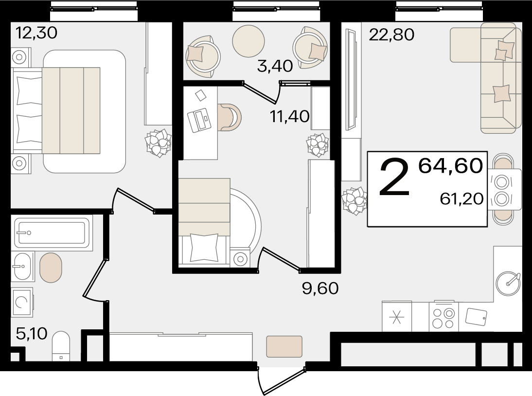 Планировка: 2-комн. квартира 62,9 м²