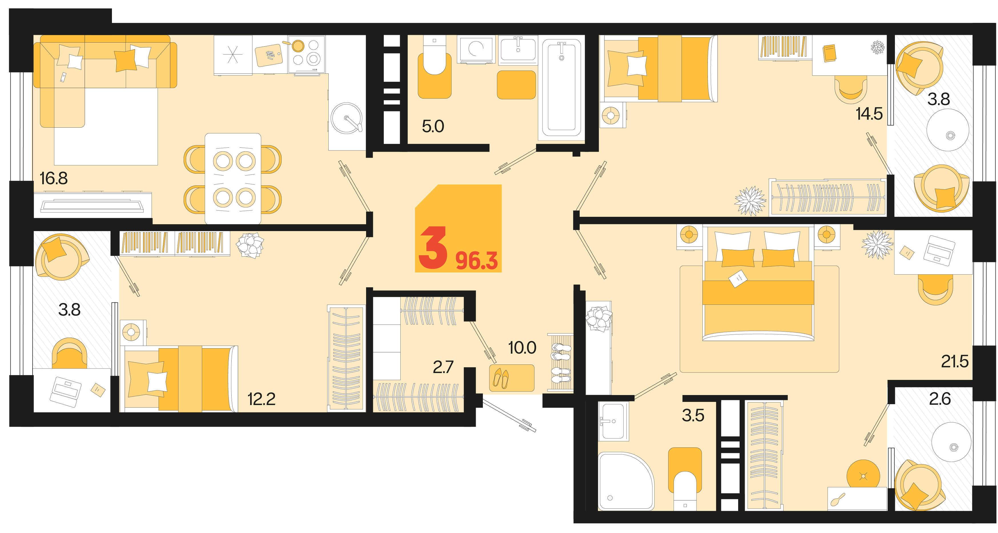 Планировка: 3-комн. квартира 91,2 м²