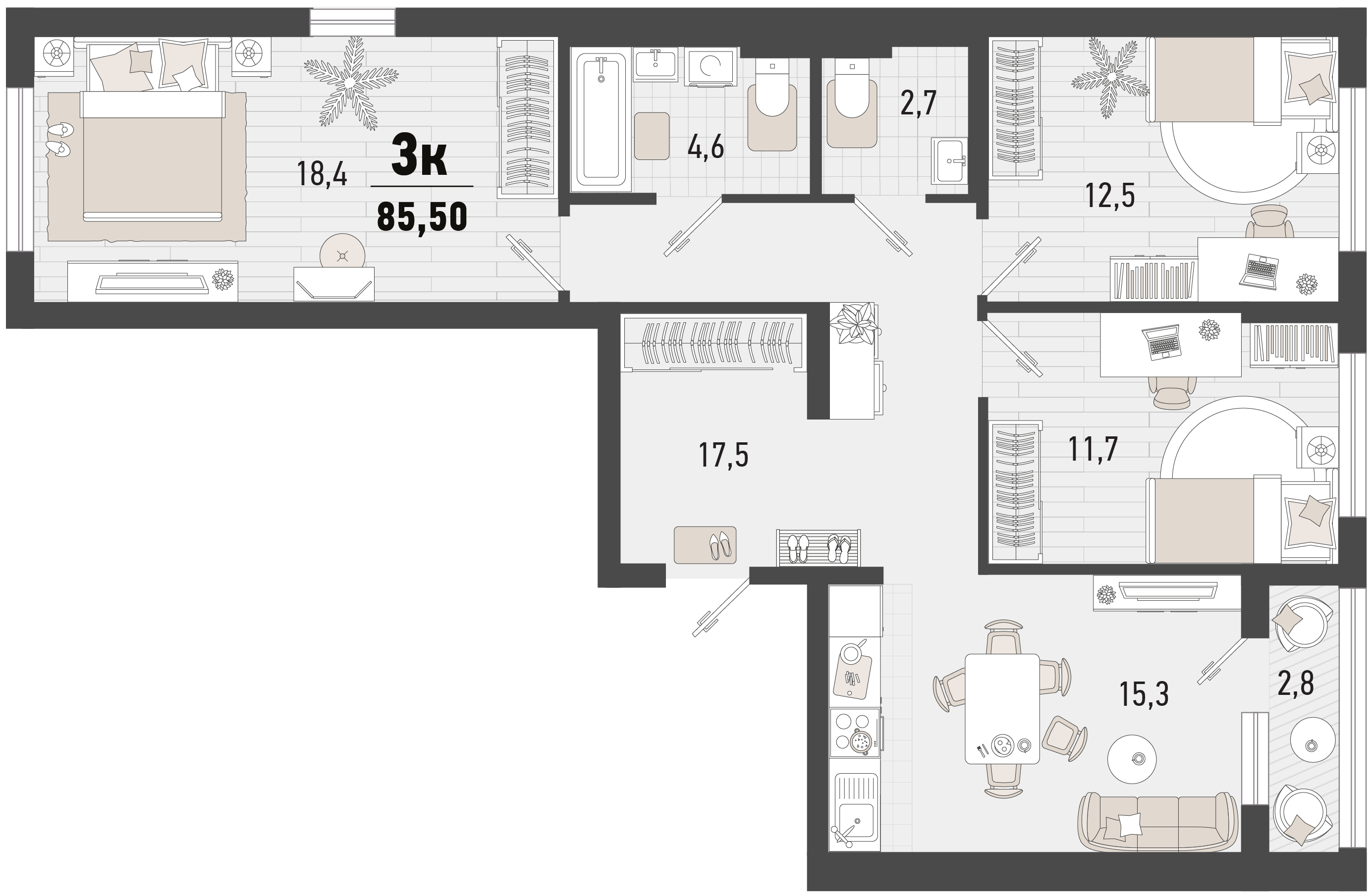 Планировка 3-комнатная 84,1 м²