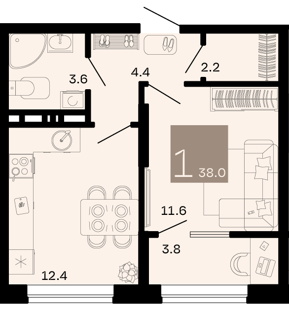 Планировка: 1-комн. квартира 36,1 м²