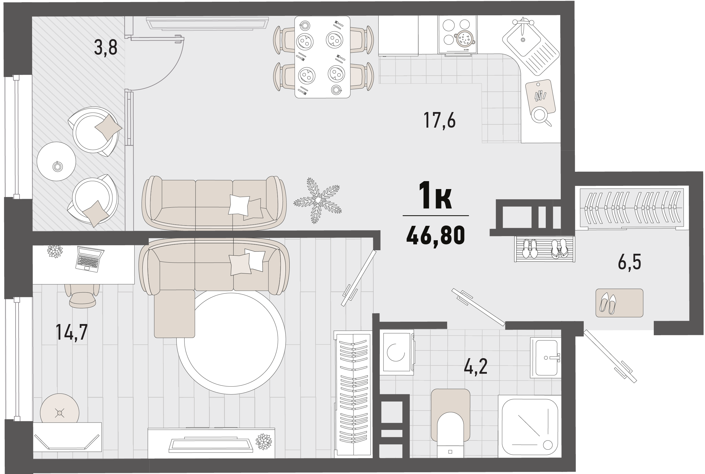 Планировка: 1-комн. квартира 44,9 м²