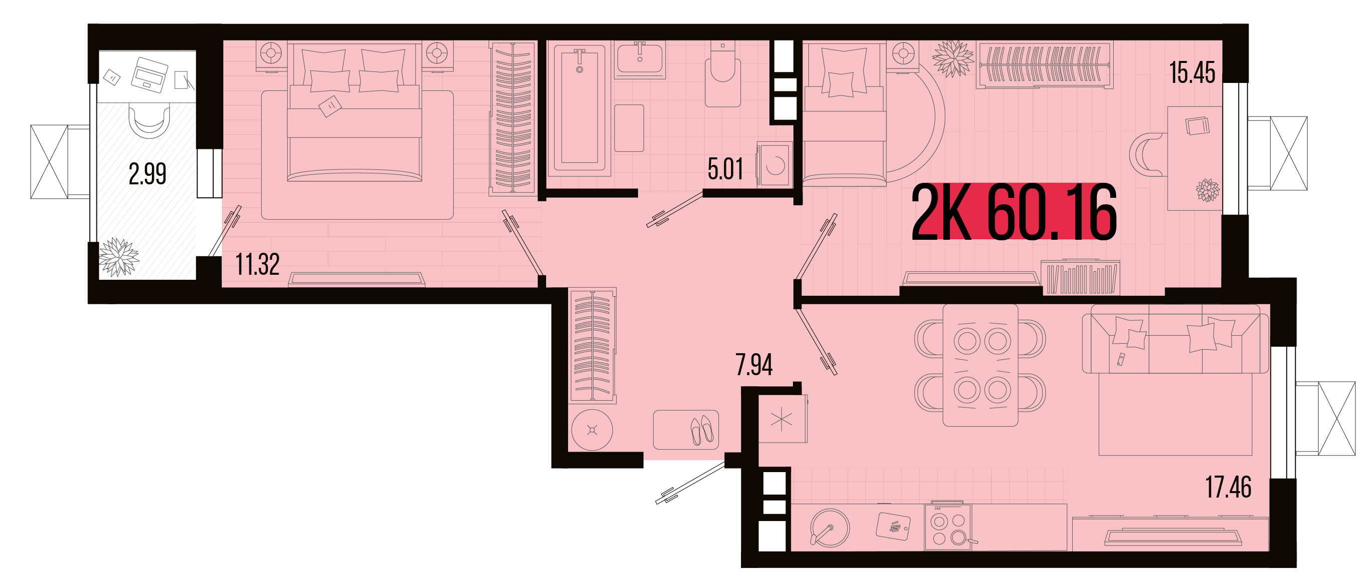 Планировка: 2-комн. квартира 59,5 м²