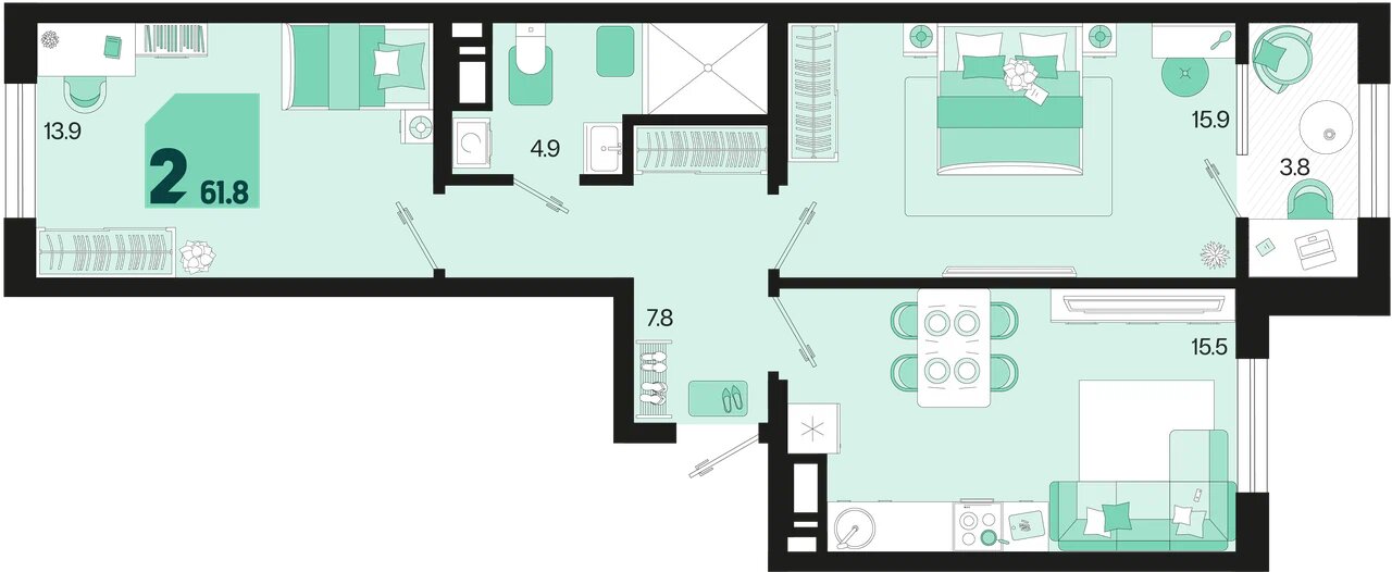 Планировка: 2-комн. квартира 59,9 м²