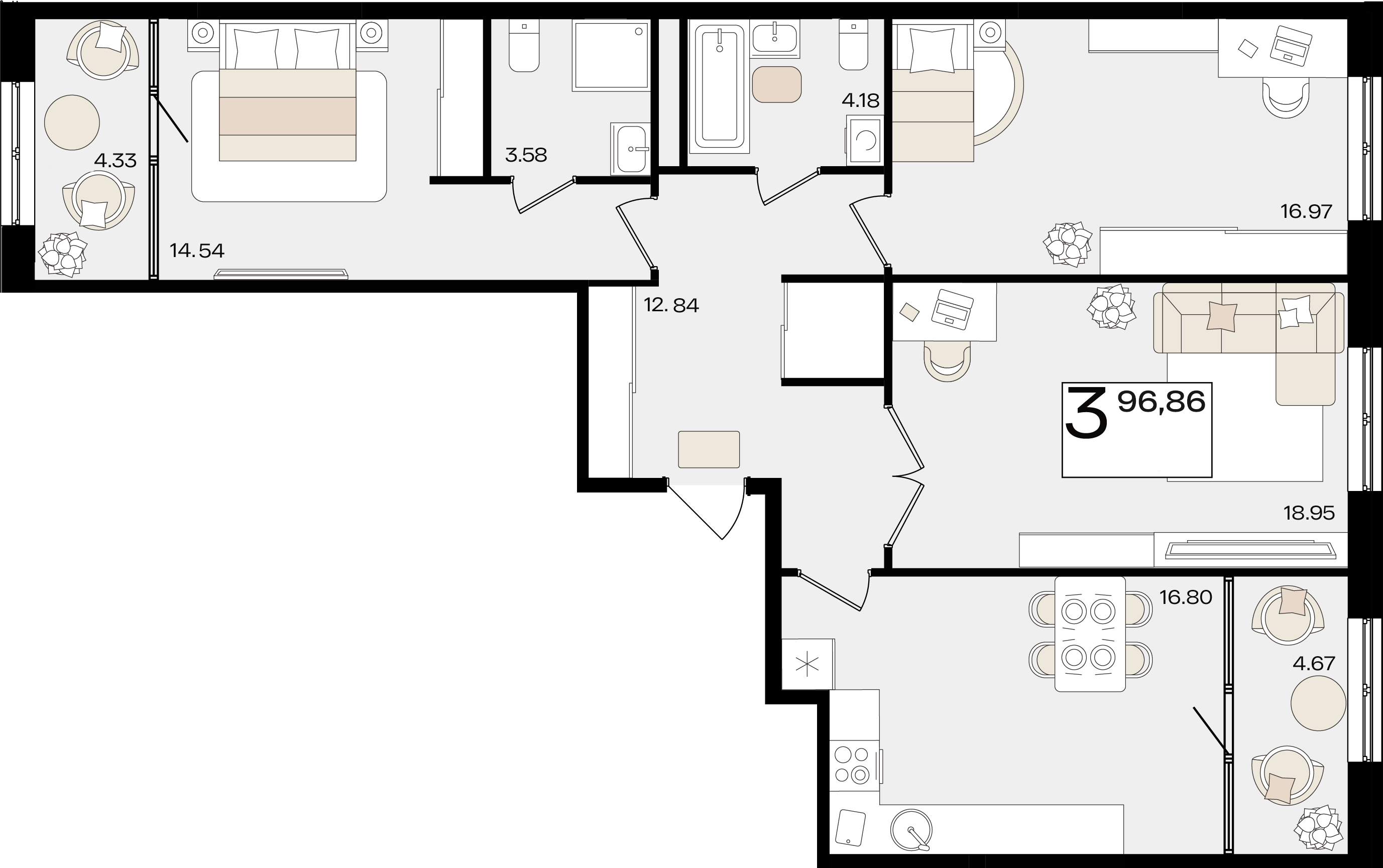 Планировка: 3-комн. квартира 92,4 м²