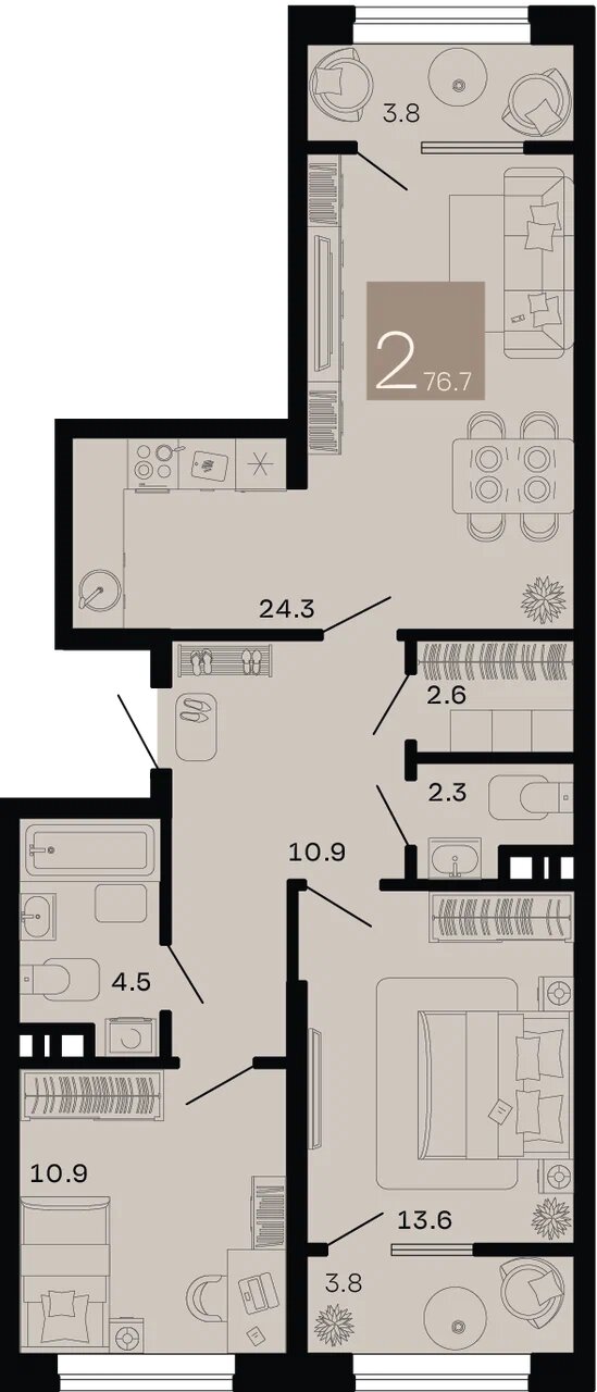 Планировка 2-комнатная 72,9 м²