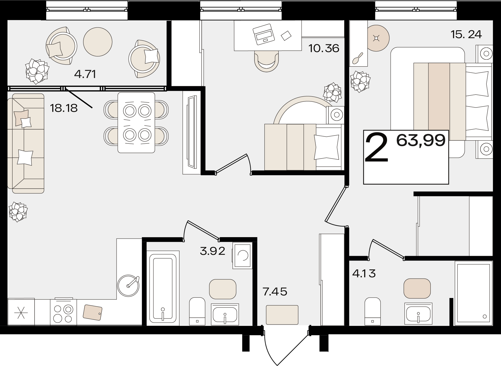 Планировка: 2-комн. квартира 61,6 м²