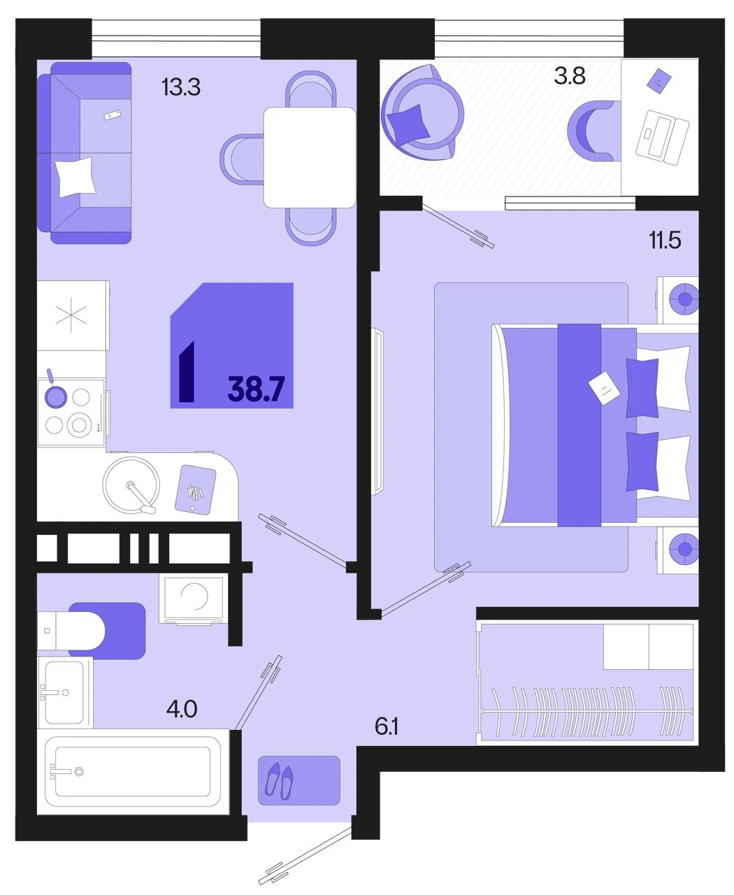 Планировка: 1-комн. квартира 36,8 м²